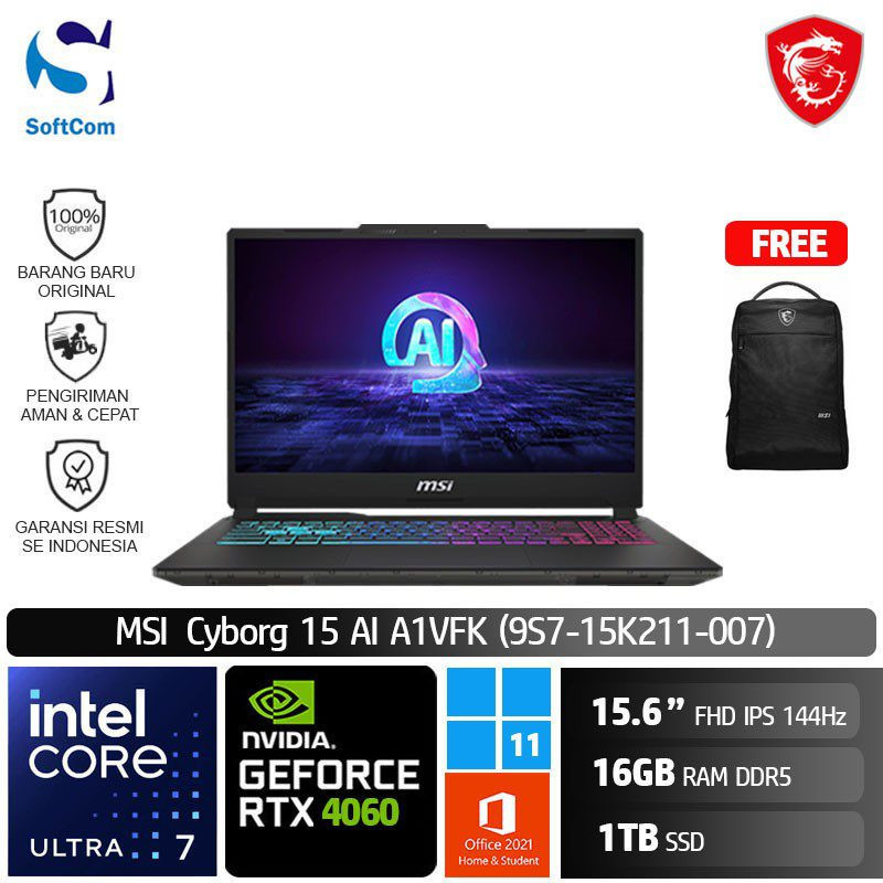 MSI Cyborg 15 AI A1VFK (9S7-15K211-007) /Ultra 7 155H/16GB/1TB SSD/GeForce RTX 4060 8GB/15.6" FHD 144Hz/Win 11 Home+OHS 2021/Black