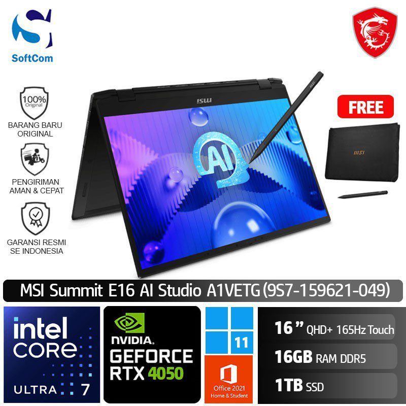 MSI Summit E16 AI Studio A1VETG (9S7-159621-049) /Ultra 7 155H/16GB/1TB SSD/GeForce RTX 4050 6GB/16″ QHD+ Touch/Win 11 Home+OHS 2021/Ink Black