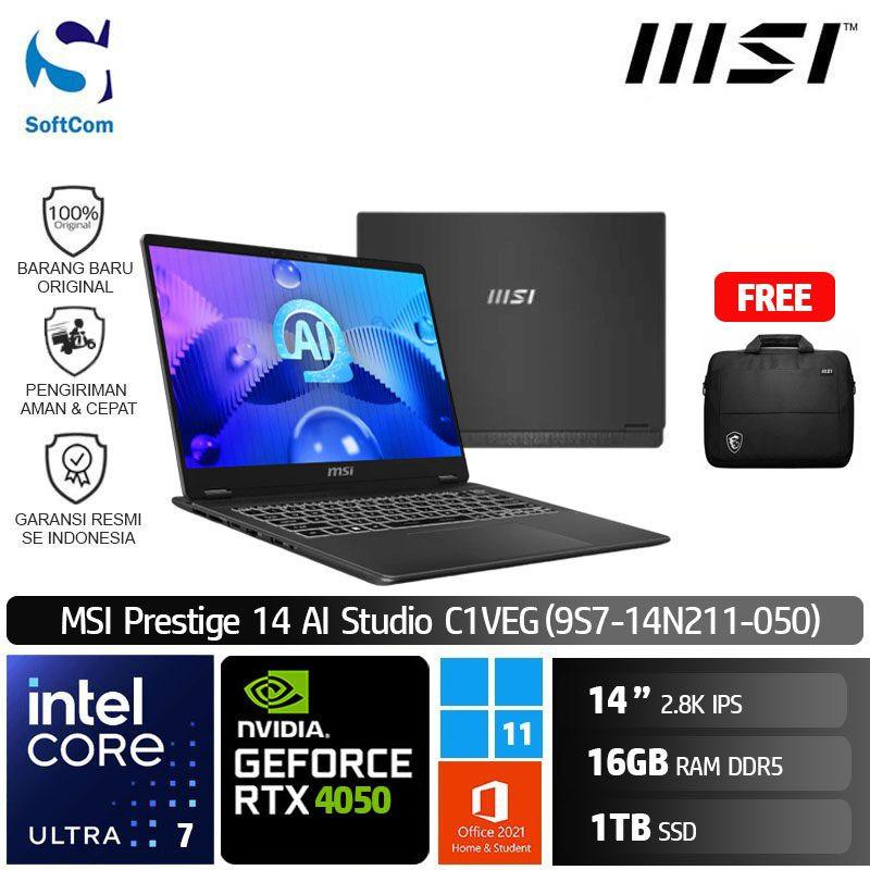 MSI Prestige 14 AI Studio C1VEG (9S7-14N211-050) /Core Ultra 7 155H/16GB/1TB SSD/GeForce RTX 4050 6GB/14″ 2.8K IPS/Win 11 Home+OHS 2021/Stellar Gray