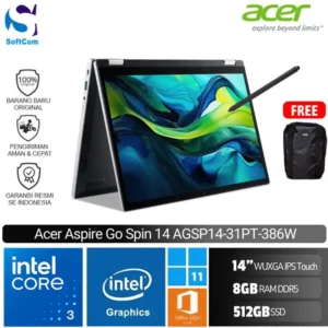 Acer Aspire Go Spin 14 AGSP14-31PT-386W/Intel Core 3 N355/8GB/512GB SSD/14″ WUXGA Touch/Win 11 Home+OHM 2024+M365/Pure Silver