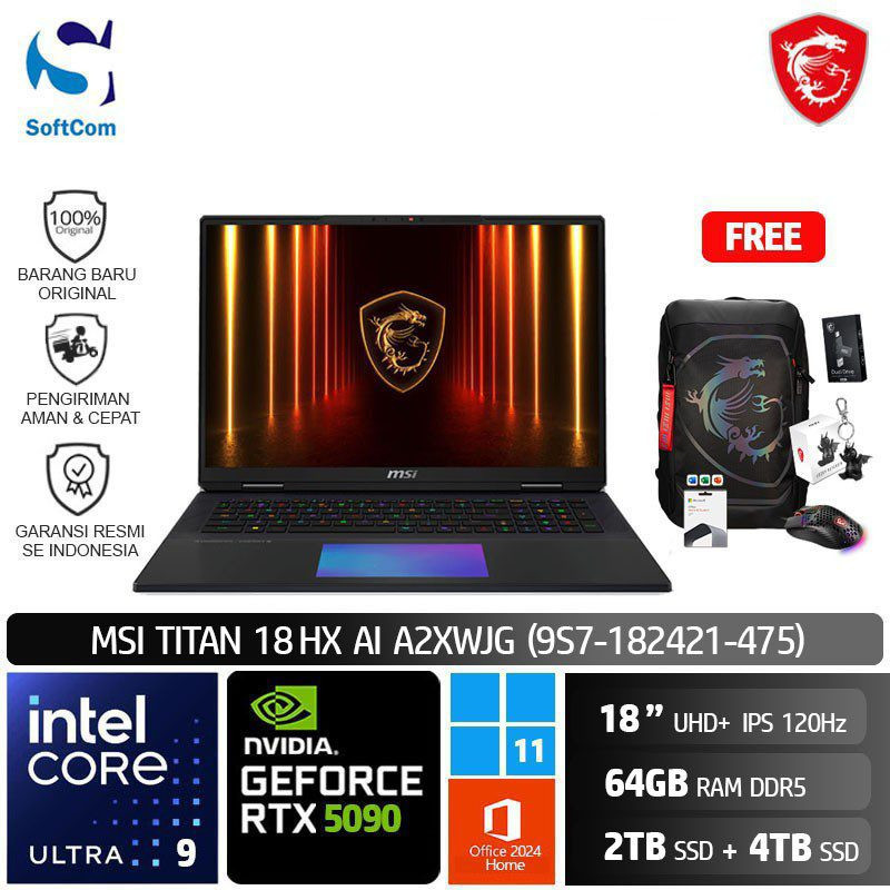 MSI Titan 18 HX AI A2XWJG (9S7-182421-475)/Intel Core Ultra 9-285HX/64GB/6TB SSD/GeForce RTX 5090 24GB/18" UHD+ IPS 120Hz/Win 11 Home+OHM 2024/Core Black