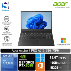 Acer Aspire 7 PRO A715-59G-71PH /Intel Core i7-12650H/16GB/512GB SSD/GeForce RTX 3050 6GB/15.6" FHD 144Hz/Win 11 Home+OHM 2024+M365/Black