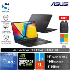 Asus Vivobook 16X K3605VC-I735B6T-HM/Intel Core i7-13620H/16GB/512GB SSD/GeForce RTX 3050 4GB/16" WUXGA IPS 144 Hz/Win 11 Home+OHM 2024+M365/Indie Black