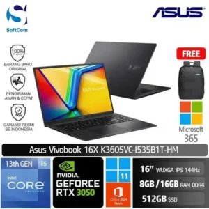 Asus Vivobook 16X K3605VC-I535B1T-HM/Intel Core i5-13420H/8GB-16GB/512GB SSD/GeForce RTX 3050 4GB/16" WUXGA/Win 11 Home + OHM 2024 + M365/Indie Black