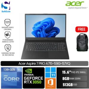 Acer Aspire 7 PRO A715-59G-57YQ/Intel Core i5-13420H/8GB/512GB SSD/GeForce RTX 3050 6GB/15.6" 144Hz/Win 11 Home+OHM 2024+M365/Titanium Black