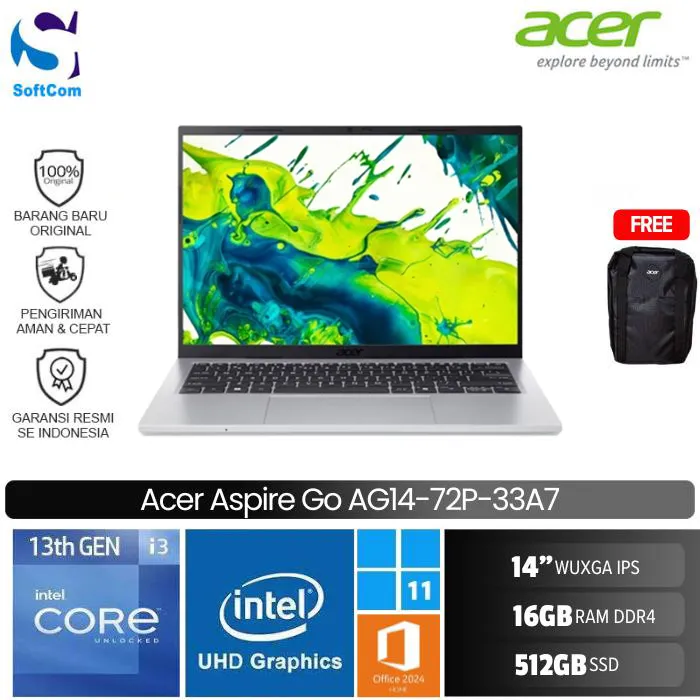 Acer Aspire Go 14 AG14-72P-33A7/Intel Core i3-1315U/16GB/512GB SSD/14" WUXGA IPS/Win 11 Home+OHM 2024+M365/Pure Silver