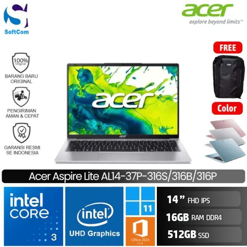 Acer Aspire Lite AL14-37P-316S 316B 316P/Intel Core 3-N355/16GB/512GB SSD/14" FHD IPS/Win 11 Home+OHM 2024+M365 [AL14-37P-316S | AL14-37P-316B | AL14-37P-316P]