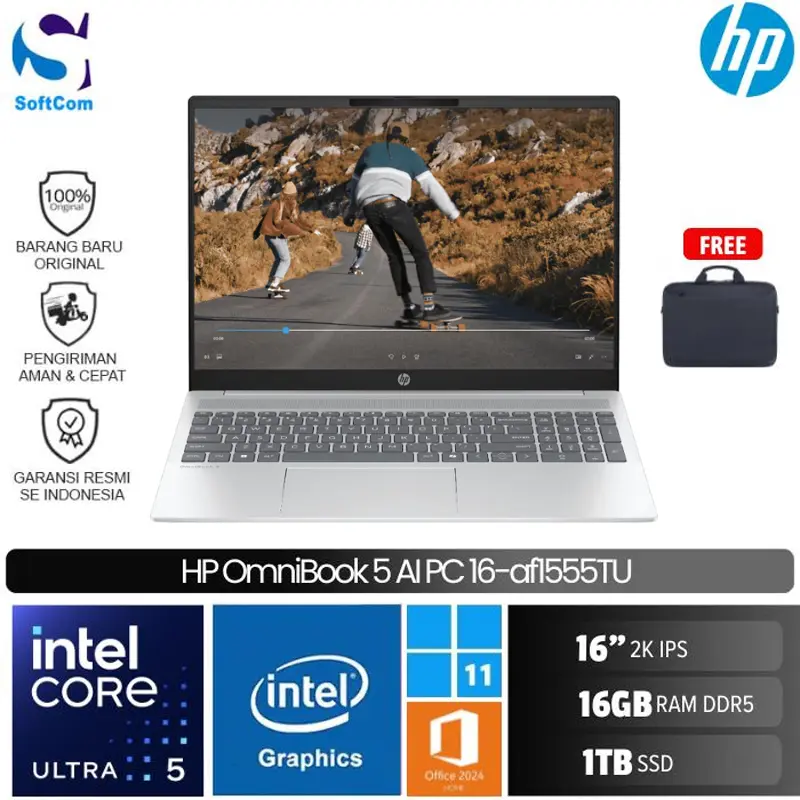 HP OmniBook 5 AI PC 16-af1555TU/Intel Core Ultra 5-225U/16GB/1TB SSD/16" 2K IPS/Win 11 Home+OHM 2024+M365/Silver