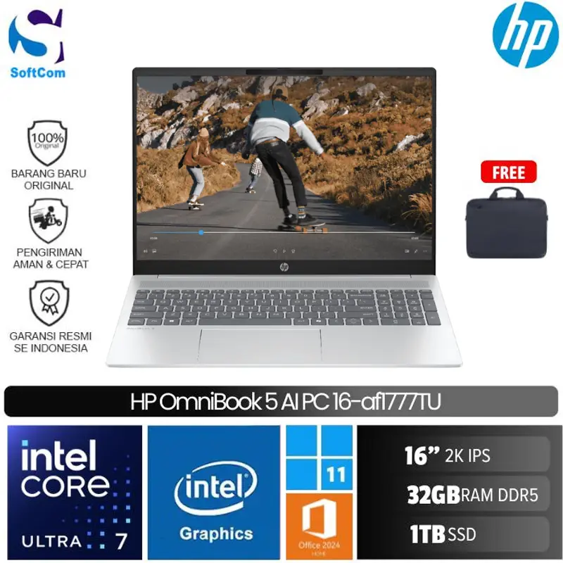 HP OmniBook 5 AI PC 16-af1777TU/Intel Core Ultra 7-255U/32GB/1TB SSD/16" 2K IPS/Win 11 Home+OHM 2024+M365/Silver