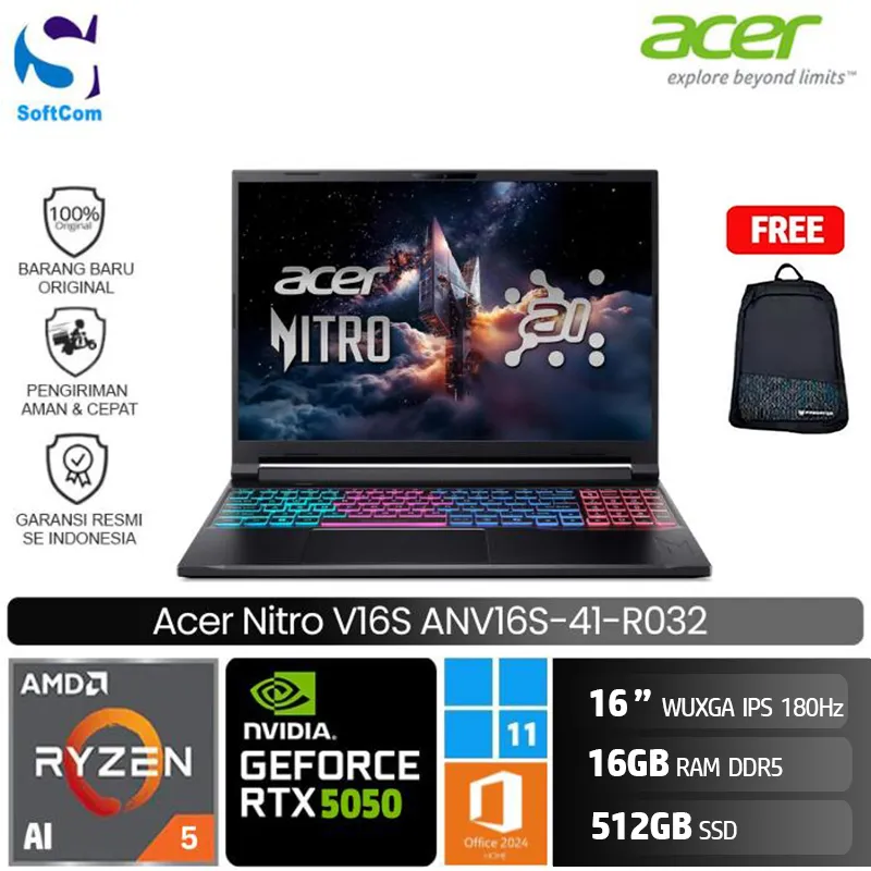 Acer Nitro V 16S ANV16S-41-R032/Ryzen 5-240/16GB/512GB SSD/GeForce RTX 5050 8GB/16" WUXGA 180Hz/Win 11 Home+OHM 2024+M365/Black