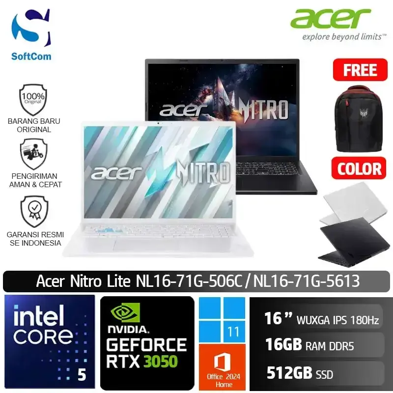 Acer Nitro Lite NL16-71G-506C 5631/Intel Core 5 210H/16GB/512GB SSD/GeForce RTX 3050 6GB/16" WUXGA 180Hz/Win 11 Home+OHM 2024+M365 [ NL16-71G-506C | NL16-71G-5613 ]
