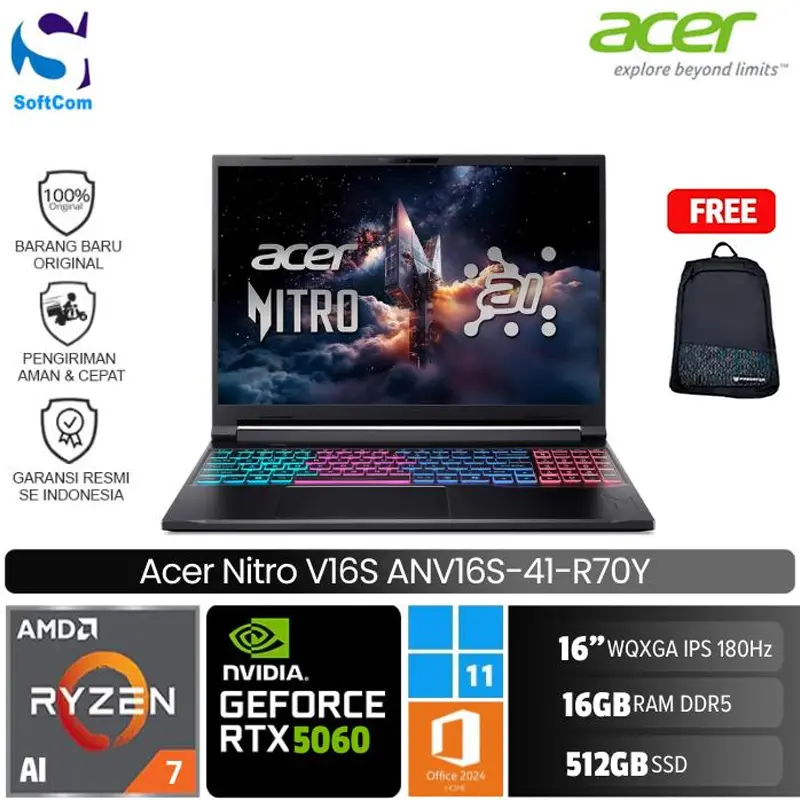 Acer Nitro V 16S ANV16S-41-R70Y/Ryzen 7-260/16GB/512GB SSD/GeForce RTX 5060 8GB/16″ WQXGA 180Hz/Win 11 Home+OHM 2024+M365/Black
