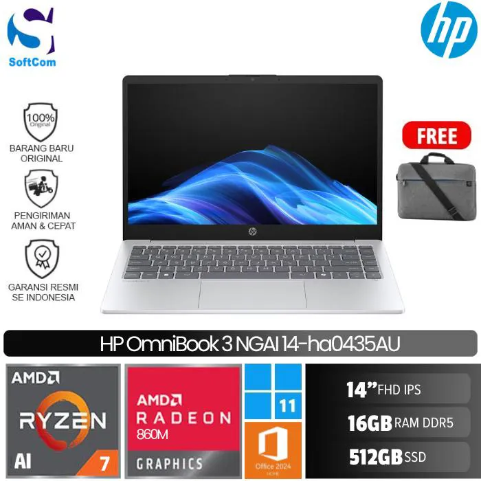 HP OmniBook 3 Next Gen AI 14-ha0435AU/Ryzen AI 7-350/16GB/512 GB SSD/14" FHD IPS/Win 11 Home+OHM 2024+M365/ Glacier Silver