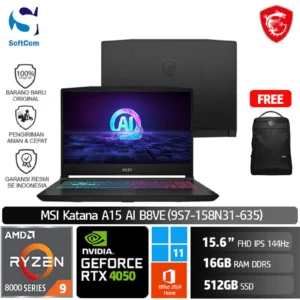 MSI Katana A15 AI B8VE (9S7-158N31-635) /Ryzen 9-8945HS/16GB/512GB SSD/GeForce RTX 4050 6GB/15.6" FHD 144Hz/Win 11 Home+OHM 2024/Black