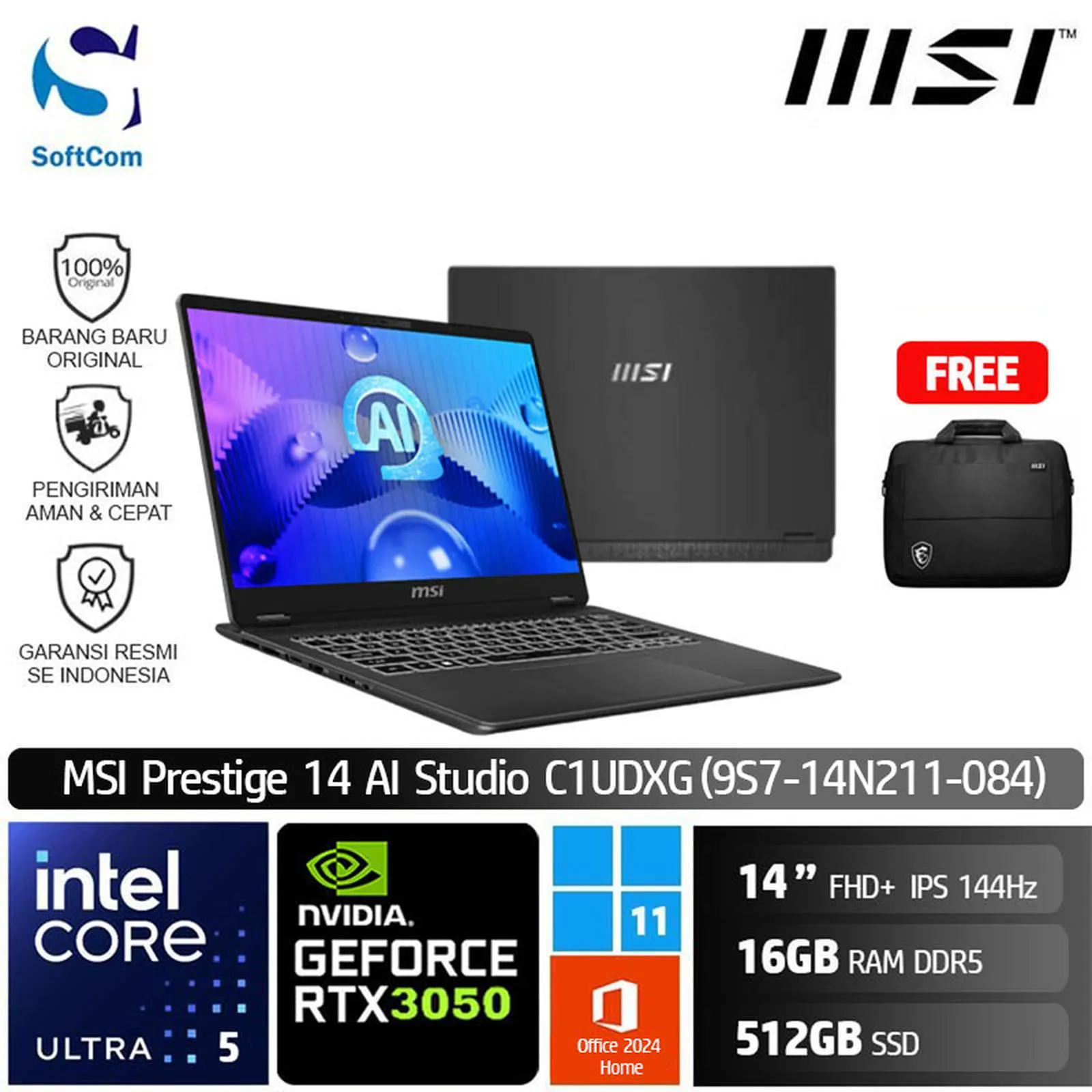 MSI Prestige 14 AI Studio C1UDXG (9S7-14N211-084) /Intel Core Ultra 5-125H/16GB/512GB SSD/GeForce RTX 3050 6GB/14″ FHD+ IPS/Win 11 Home+OHM 2024/Stellar Gray