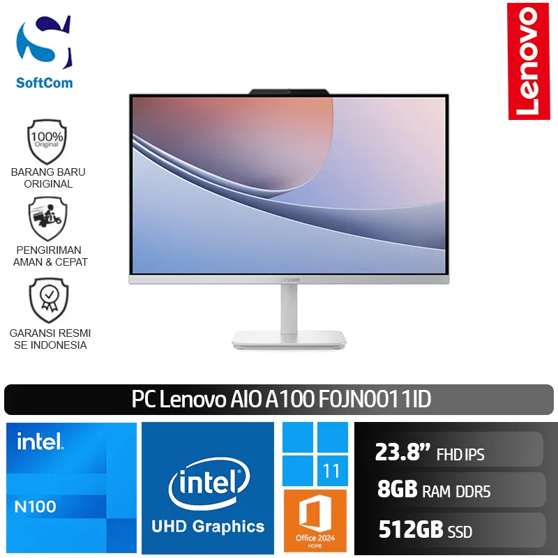 PC Lenovo AIO A100 F0JN0011ID/Intel N100/8GB/512GB SSD/23.8" FHD IPS/Win 11 Home+OHM 2024+M365/Cloud Grey