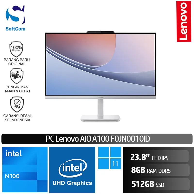 PC Lenovo AIO A100 F0JN0010ID/Intel N100/8GB/512GB SSD/23.8" FHD IPS/Win 11 Home/Cloud Grey