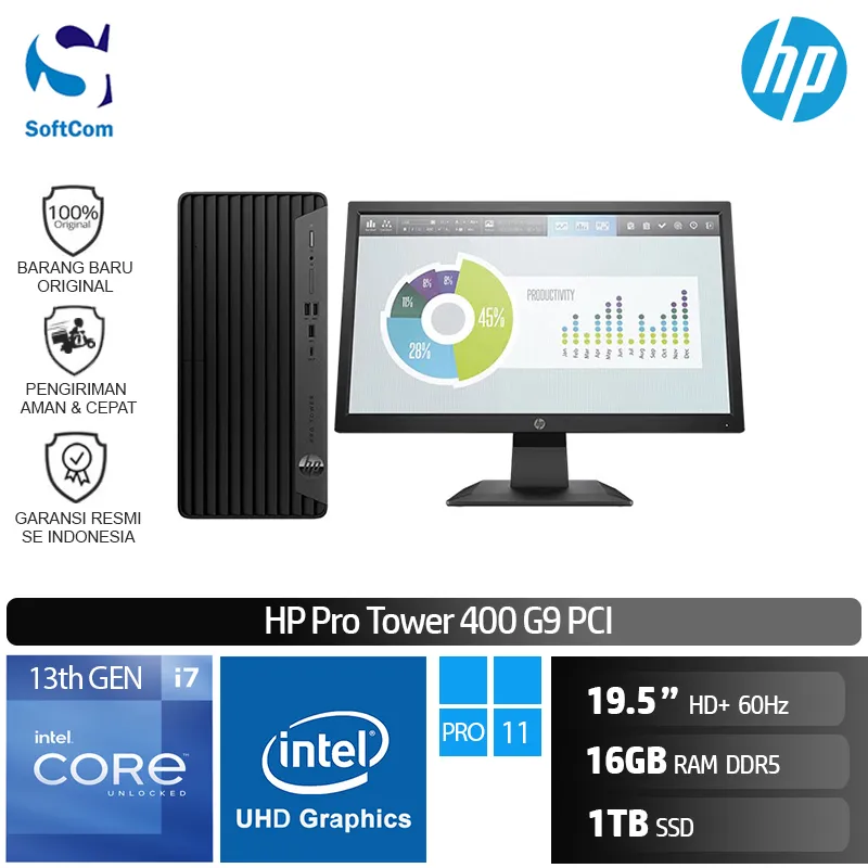 PC HP Pro Tower 400 G9 PCI/Core i7-13700/16GB/1TB SSD/19.5" HD+ 60Hz/Win 11 Pro/Black
