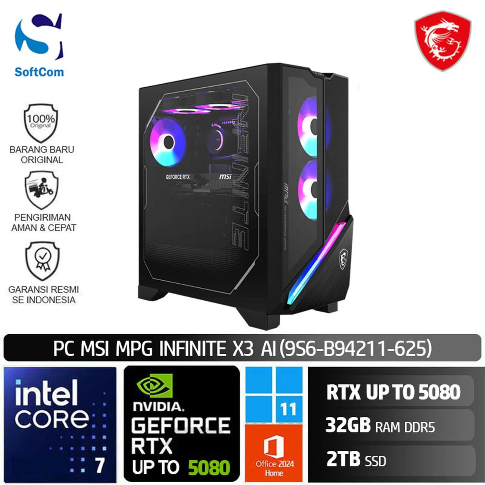 PC MSI MPG INFINITE X3 AI 9S6-B94211-625/Intel Core Ultra 7-265KF/32GB/2TB SSD/GeForce RTX RTX5070-RTX5070Ti-RTX5080/Win 11 Home + OHM 2024/ Black